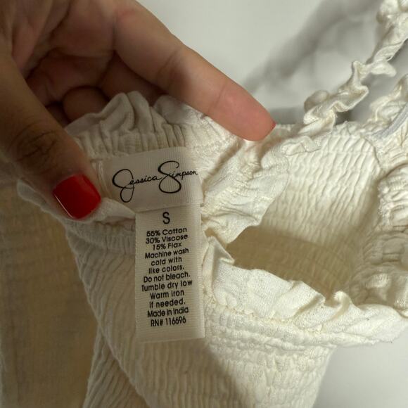 Jessica Simpson Linen Jumpsuit Small Ivory Cottage Wide Leg Smocked Boho Peasant - Picture 5 of 8